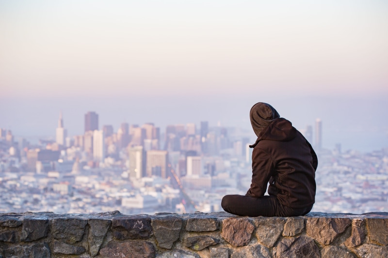 sky, San Francisco, moment, outdoors, skyscraper, cold, sf bay, warm clothing, francisco, built structure, top, jacket, only women, adults only, evening
