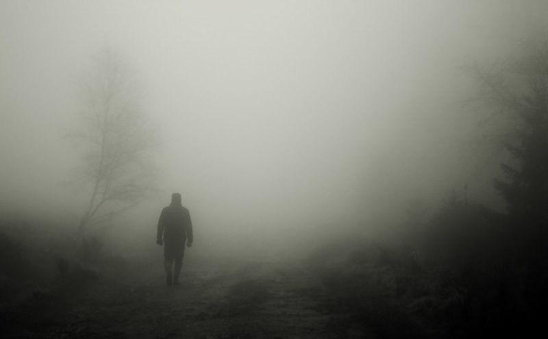 lifestyles, men, tree, alone, full length, depression - sadness, loneliness, leisure activity, tranquility, fog, one person, cold temperature, hazy, land