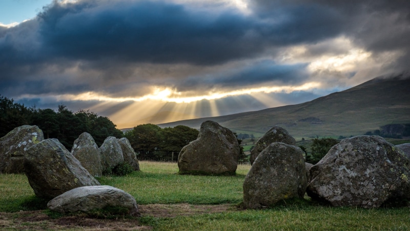 bright, solid, rock, stones, stone circle, UK, 4K, sunlight, boulders, outdoors, environment, grass, cloud - sky, Castlerigg Stone Circle, sky, trees