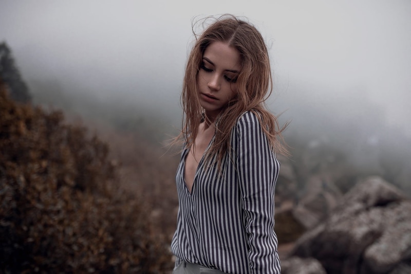 women outdoors, brunette, contemplation, looking down, 720P, fog, outdoors, waist up, Ksenia Kokoreva, looking, model, hair, hairstyle, depression - sadness