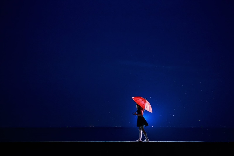 adult, silhouette, outdoors, solitude, blue, dark, woman, protection, barefoot, dress, umbrella, black, full length, copy space, lifestyles, nature, night