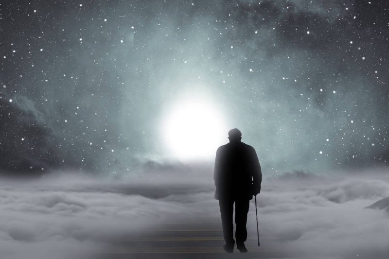 say goodbye, nature, old man, photo montage, alone, adult, adieu, sky, star - space, sad, stairs, the light, away, composing, clouds, male, light, holding