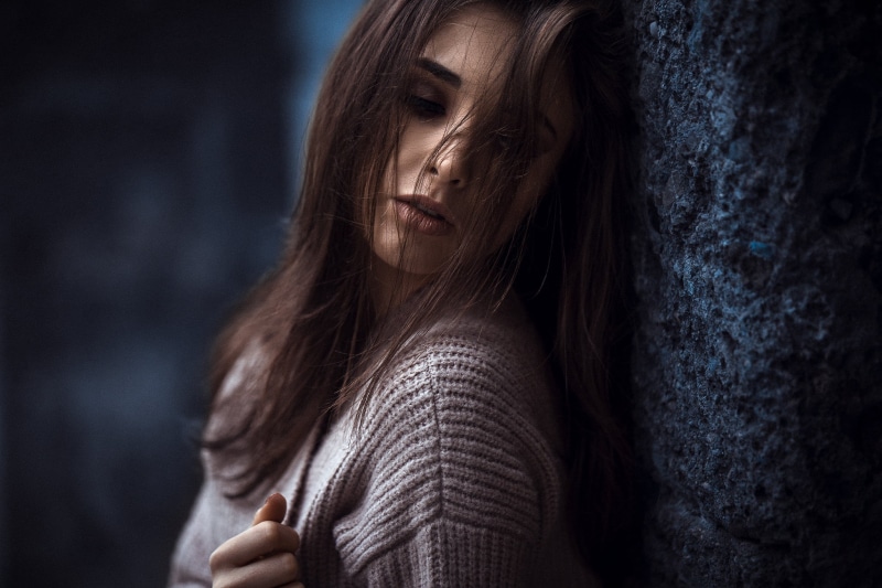 emotion, contemplation, sweater, looking, hairstyle, beautiful woman, long hair, dark, portrait, hair, 1080P, despair, headshot, face, solitude, sadness
