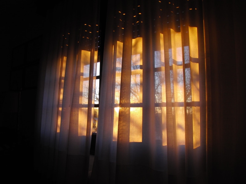 orange color, day, sky, security, sunbeam, abstract, old house, glowing, backgrounds, curtains, indoors, Doors, sunset, Curtain, 2K, bright, architecture