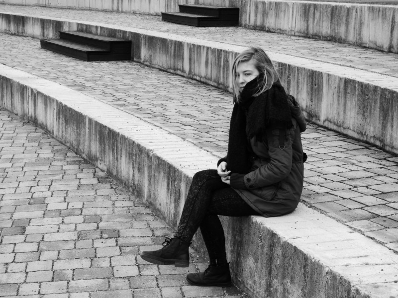 Sorry, stairs, emotion, people, coat, lifestyles, casual clothing, depressed mood, outdoors, women, girl, sitting, broken heart, despair, 4K, looking at camera