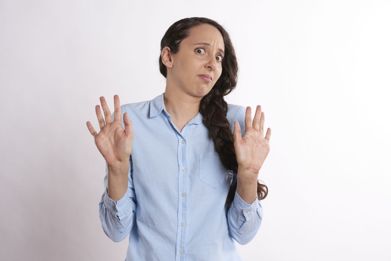 arms raised, go away, adult, sad, stress, angry, shocked, white background, scared, hairstyle, looking, problem, person, mature adult, shock, stressed