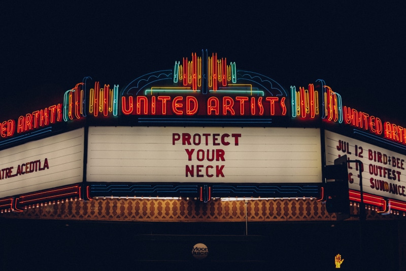 brightly lit, low angle view, sky, western script, 4K, view, sign, red, illuminated, night, artist, communication, travel destinations, theatre, no people