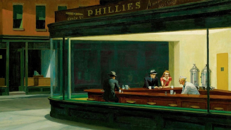 display, real people, Nighthawks, people, lifestyles, architecture, glass, artwork, business, sitting, group of people, indoors, the past, framed, cabinet