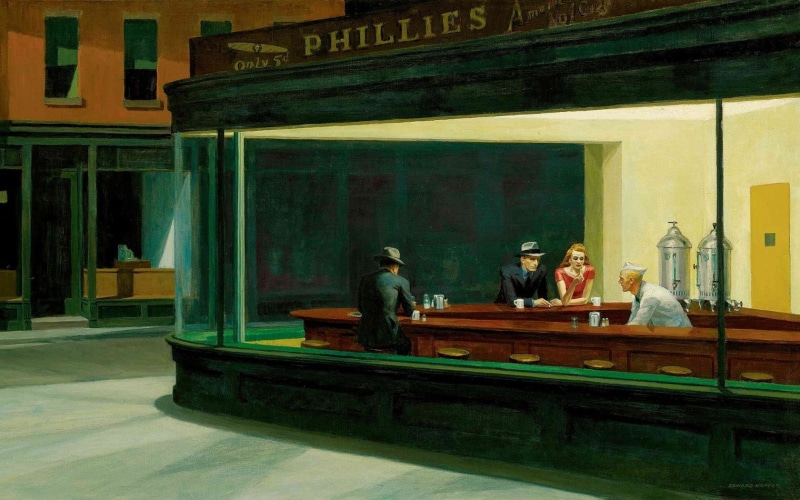 Edward Hopper, architecture, lifestyles, people, group of people, indoors, diner, brown, real people, 720P, bar - drink establishment, artwork, women