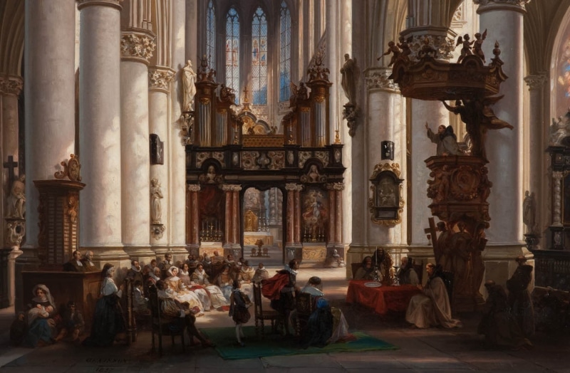 church, women, dresser, architectural column, pillar, sitting, interior, wooden, lifestyles, painting, spirituality, art and craft, built structure, brown