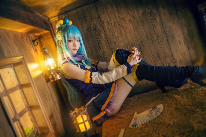 girl, sitting, costume, the room, look, window, makeup, cosplay, lamp, outfit, style, lantern, hairstyle, hands, fan, boots, 1080P, face, character, light