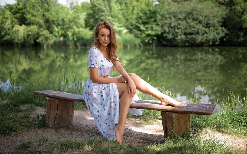 pose, in white, brown hair, Masha, barefoot, hairstyle, model, Park, nature, trees, beauty, greens, sitting, grass, Grigoriy Lifin, portrait, legs, dress