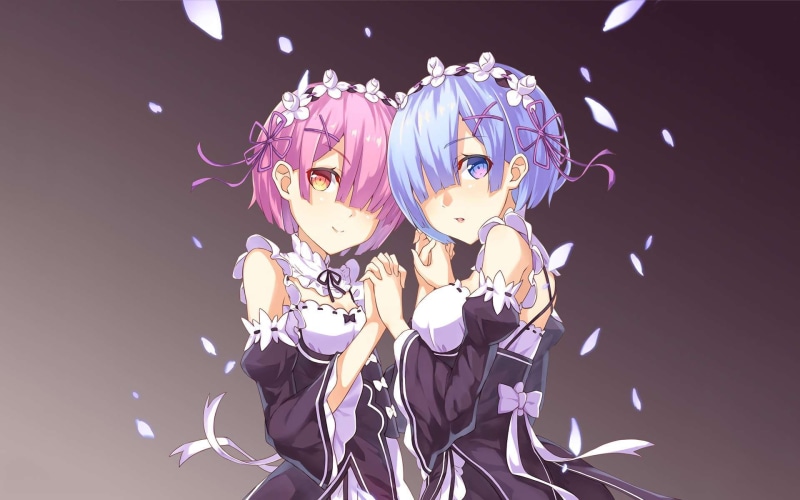 simple background, 1080P, Rem (Re: Zero), white skin, Ram (Re: Zero), maid, Ram (Re:Zero), maid outfit, fan art, anime, Re:Zero Kara Hajimeru Isekai Seikatsu