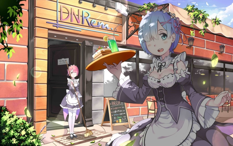 cafes, fan art, maid, anime girls, Ram (Re: Zero), maid outfit, 1080P, Ram (Re:Zero), anime, Rem (Re: Zero), white skin, Re:Zero Kara Hajimeru Isekai Seikatsu