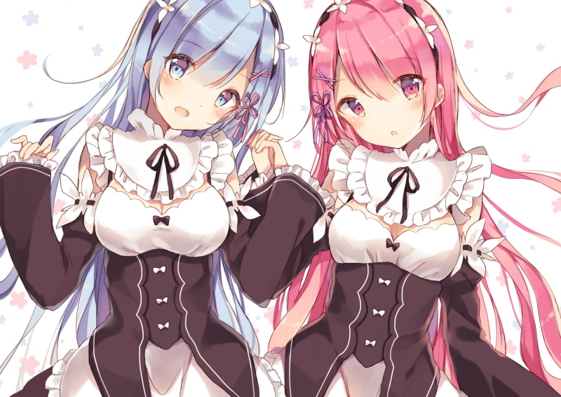 toy, choice, indoors, event, human representation, maid, Rem (Re: Zero), white  background, disguise, close-up, art and craft, still life, anime girls