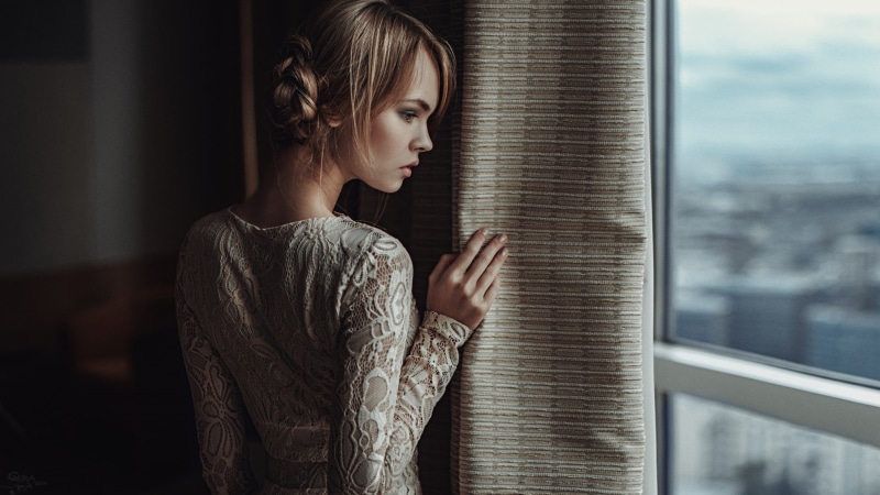 young women, waiting, sleeved, beautiful woman, white, lace, blonde, sadness, 1080P, standing, long, beauty, indoors, dress, waist up, Georgy Chernyadyev