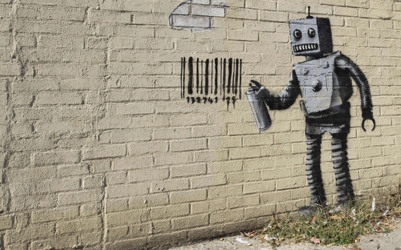 hd, barcode, brick, digital/artwork, robot, 1080P, wall, graffiti