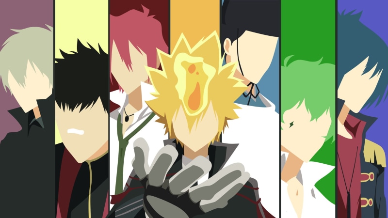 Alaude (Katekyō Hitman Reborn!), multi colored, 1080P, star shape, flag, Giotto (Katekyō Hitman Reborn!), Lampo (Katekyō Hitman Reborn!), no people, large group of objects