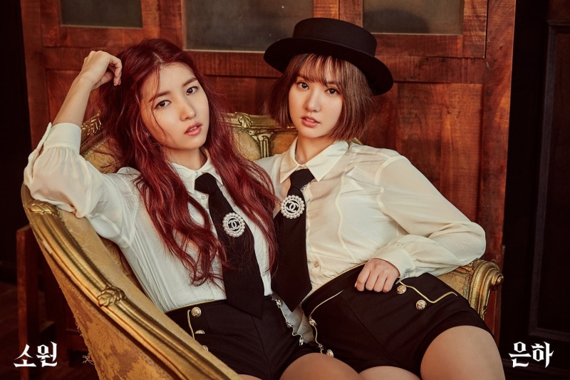 young women, portrait, dancer, musician, leisure activity, Umji, teenager, 720P, two people, hairstyle, long hair, clothing, sitting, Eunha, brunette