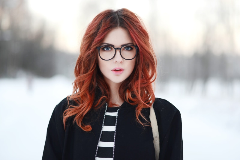 adult, young women, red, sweater, hair, white, winter, cute, elegance, warm clothing, black jackets, human Face, standing, headshot, long Hair, joy, beautiful woman
