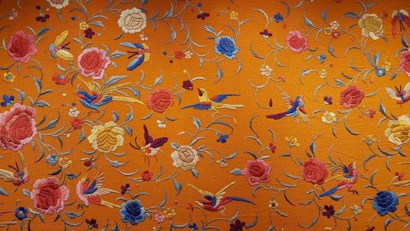 Chinese silk, birds, silk, fabric, texture, 1080P, flowers, embroidery