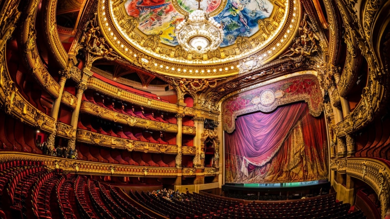 architecture, theatre, art and craft, pattern, gold colored, ceiling, no people, hall, Paris, stage, creativity, craft, design, luxury, red, scene, arts culture and entertainment