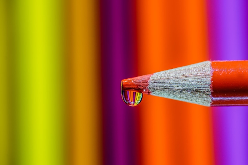 macro photography, color, Colors, 4K, colored pencil, showing, color pencil, multi Colored, education, person, yellow, droplet, Drop, pencil, red color