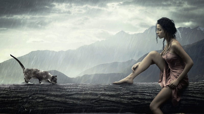 long hair, mountain, water, sky, hairstyle, tank, black hair, adult, dress, nature, sitting, cloud - sky, side view, s, women, outdoors, minidress, brunette