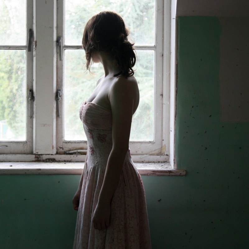 beauty, contemplation, floral, indoors, 480P, door, adult, three quarter length, beautiful woman, window, hairstyle, standing, looking, rear view, s, Imogen Dyer