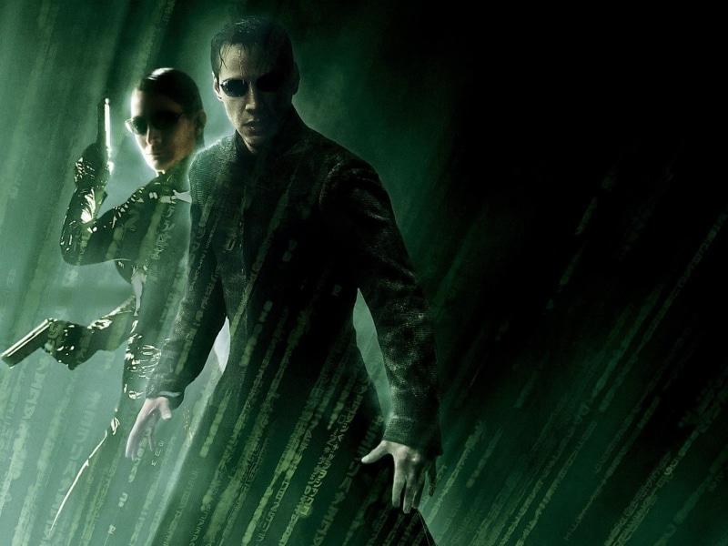 mid adult men, indoors, green color, togetherness, emotion, The Matrix Revolutions, two people, Carrie Anne Moss, lifestyles, three quarter length, bonding