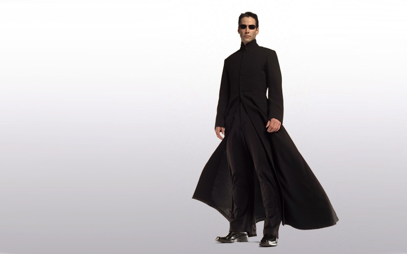 standing, full length, man, portrait, copy space, 2K, movies, young men, Neo, black color, studio shot, The Matrix, black, Keanu Reeves, haracter, young adult