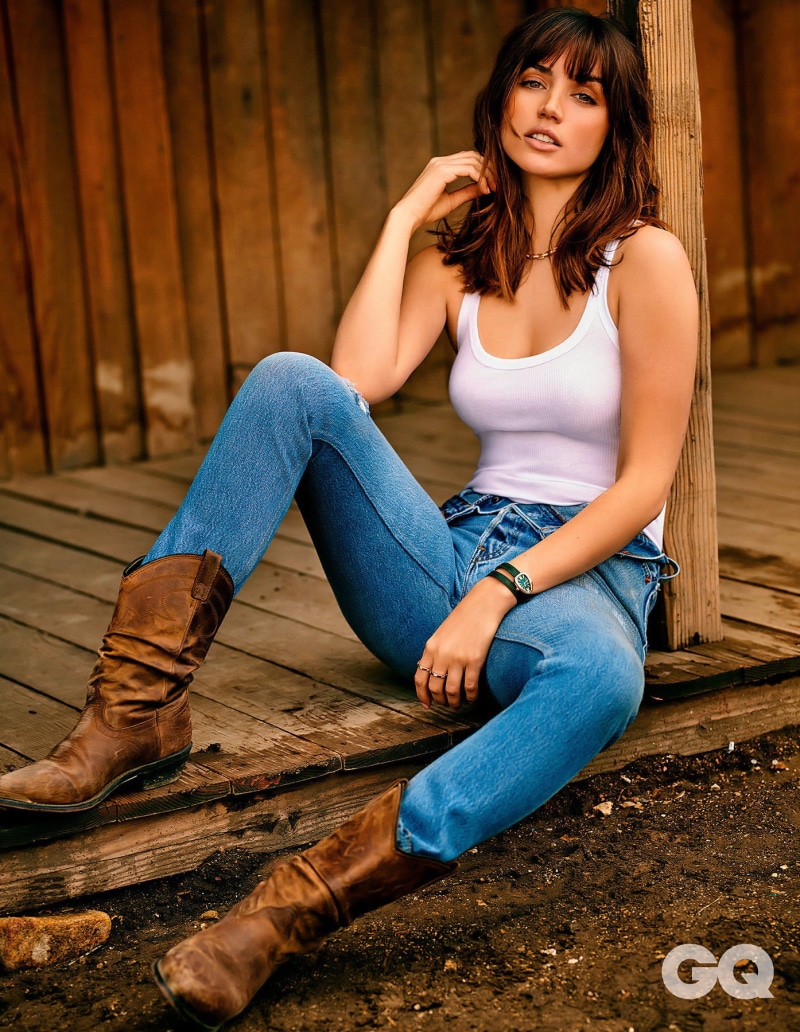 720P, tank top, boots, women, GQ, sitting, jeans, white tops, Ana de Armas, cuban, celebrity, brunette, actress
