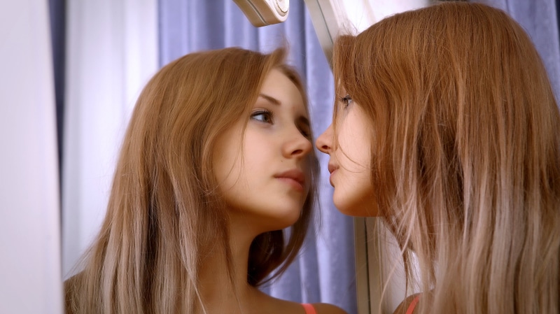 teenage girls, headshot, 2K, two people, Mika, beauty, long hair, girls, curtain, reflection, model, mirror, beautiful woman, indoors, adult, teenager