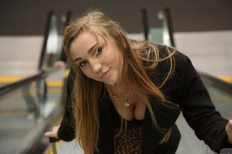 women, model, 720P, cleavage, top view, zishy, blonde, looking at viewer, Kendra Sunderland, black coat, hair in face