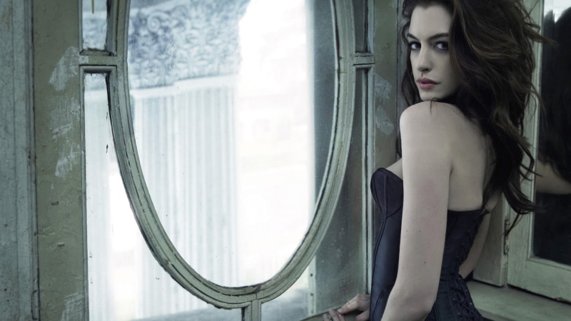 looking at viewer, window, long hair, corset, bare shoulders, waiting, portrait, 1080P, looking, brunette, brown hair, young adult, actress, brown eyes