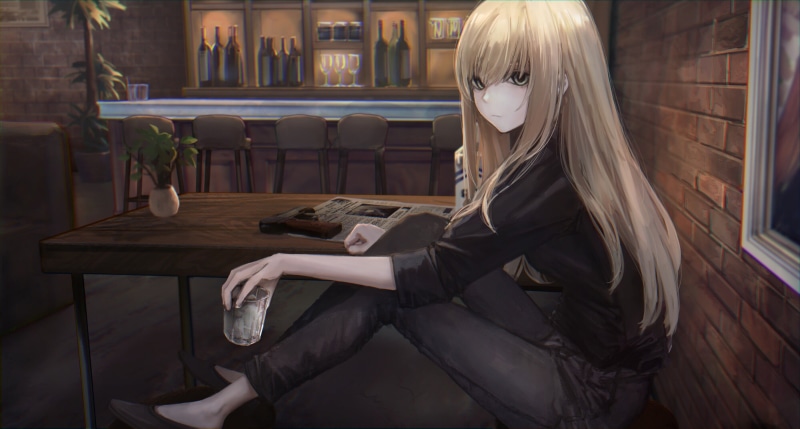 original characters, drawing, long hair, anime girls, sitting, 2K, weapon, drinking glass, illustration, blonde, looking at viewer, anime, artwork, digital art