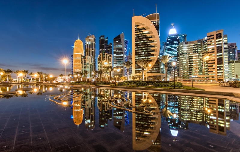 Doha, Qatar, skyscrapers, building, Sheraton Park, night city, 2K, reflection