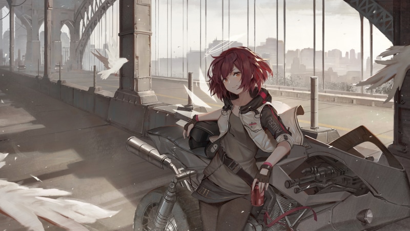 video games, bridge, cityscape, illustration, birds, artwork, redhead, fan art, jacket, Chika Toriumi, digital art, looking at viewer, drawing, Arknights