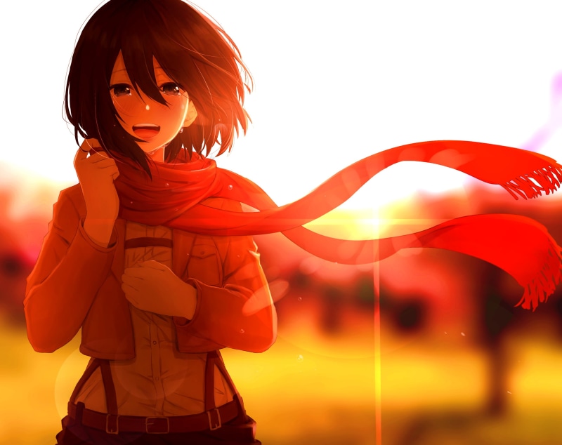 Mikasa Ackerman, shirt, anime girls, brunette, drawing, 2K, portrait, anime, jacket, digital art, scarf, tears, blushing, looking at viewer, lens flare