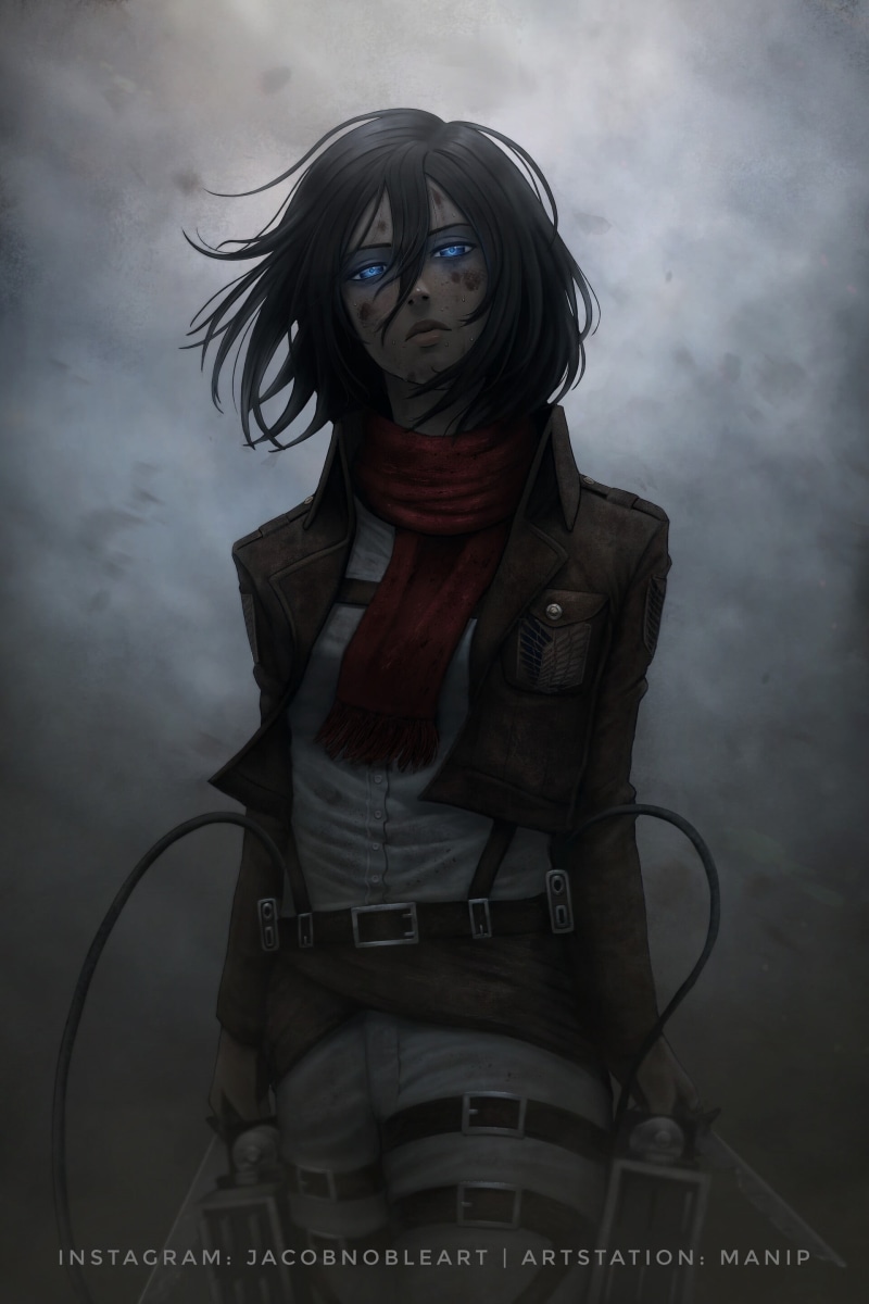 fan art, short hair, anime girls, blue eyes, Shingeki no Kyojin, 2K, fantasy weapon, Mikasa Ackerman, black hair, digital art