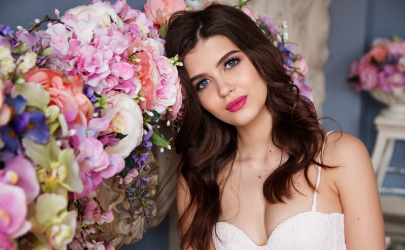 brown hair, beautiful woman, glamour, nature, Beautiful, Russian, Romantic, white, flowering plant, strap, beauty in nature, Flowers, Fashion, plant, adult