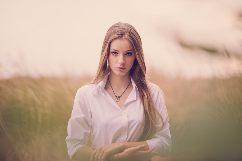 summer, standing, collared, nature, innocence, focus, one Person, forest, seductive, white, females, beautiful woman, grass, field, front view, women, natural