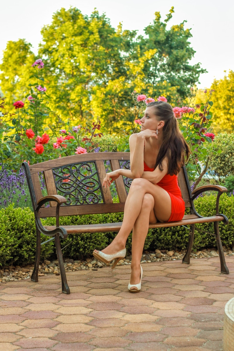 outdoors, caucasian Ethnicity, park - Man Made Space, one person, summer, mini, seat, park bench, dress, fashion, flowers, beauty, chair, young woman, sitting