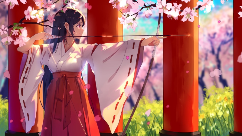 outdoors, hanging, anime girls, bow, red eyes, plant, clothing, architecture, sunlight, decoration, focus on foreground, orange color, multi colored, Arrow