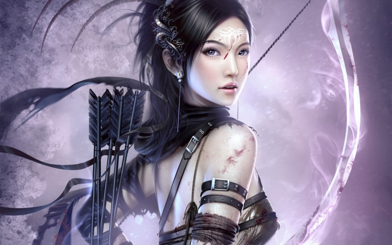 fantasy art, beautiful woman, front view, 1080P, real people, archer, hairstyle, indoors, young adult, young women, studio shot, fantasy girl, females
