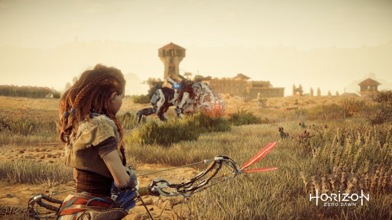 three quarter length, bow, sky, landscape, outdoors, adult, people, day, plant, real people, women, men, field, 1080P, Aloy (Horizon: Zero Dawn), sunlight