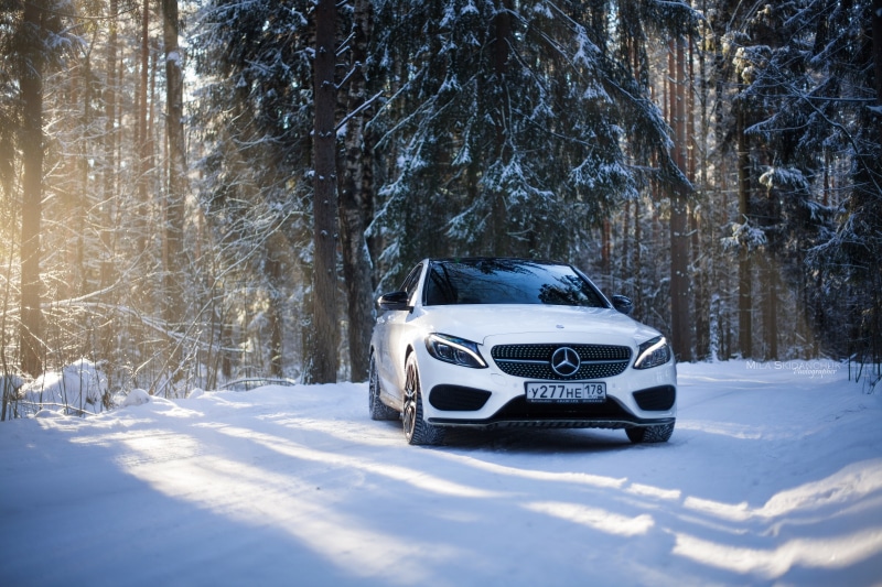 saint-petersburg, AMG, mode of transportation, winter, need for speed 2, forest, no people, day, mercedes c, white, red smoke, Mercedes AMG, extreme weather
