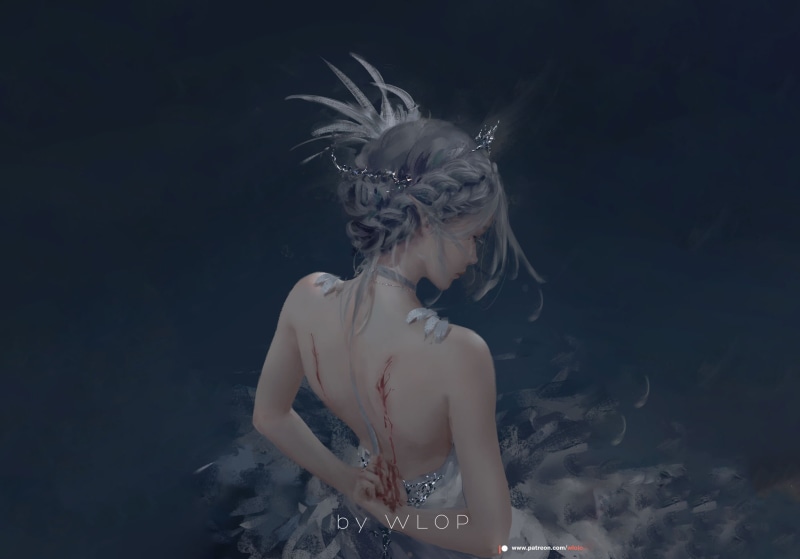 wounds, Wlop, Diadema, princess, feathers, Celestia, blood, hairstyle, grey background, chalker, 1080P, Ghost Blade, from the back