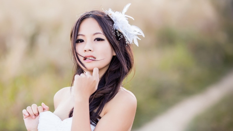 strapless, brunette, long Hair, chinese Ethnicity, hair, relaxation, depth of field, 1080P, smiling, hairstyle, summer, adult, elegance, top, japanese Ethnicity
