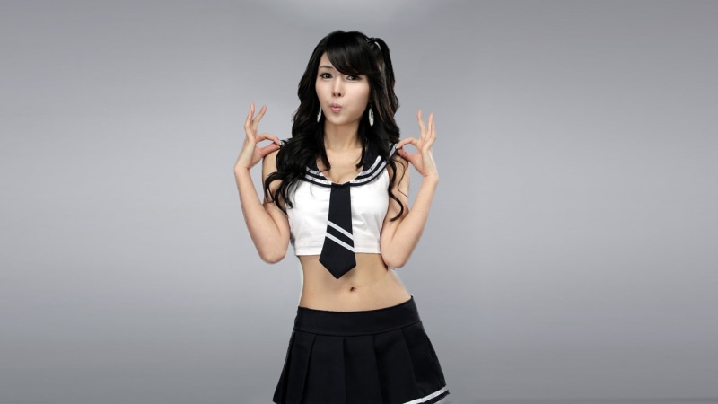 s, black, simple background, costume, portrait, copy Space, asian and Indian Ethnicities, white, japanese Ethnicity, three quarter length, standing, cute